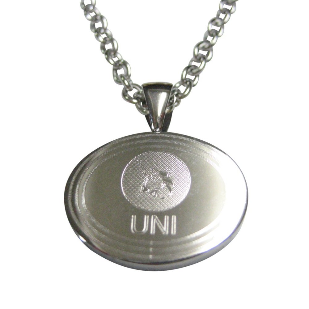 Silver Toned Oval Etched Uniswap Coin Cryptocurrency Blockchain Pendant Necklace